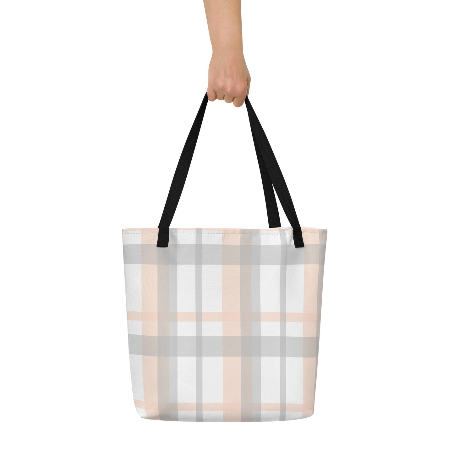 Neutral Plaid All-Over Print Large Tote Bag