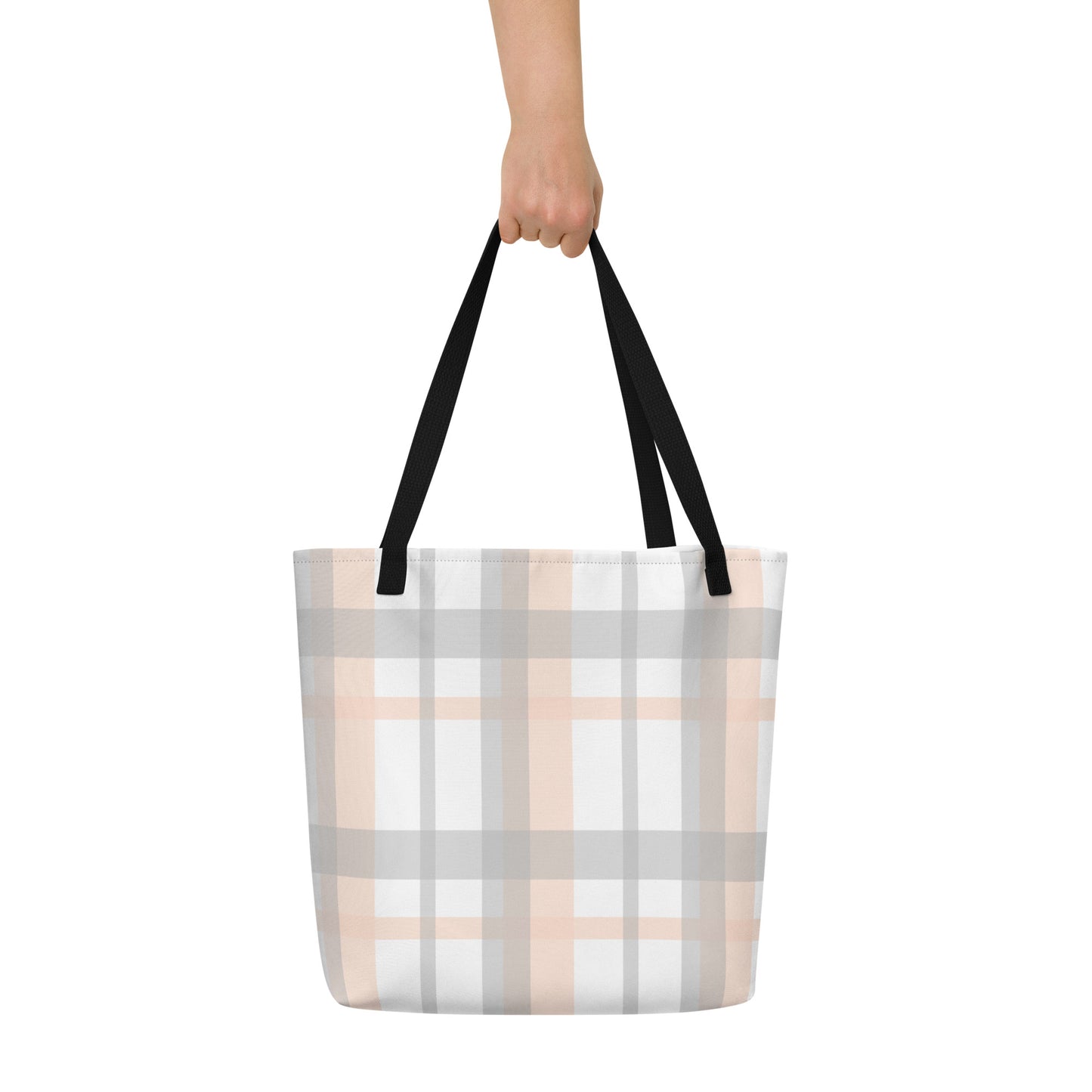 Neutral Plaid All-Over Print Large Tote Bag
