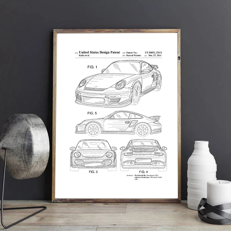 Car Patent for Porsches Artwork Prints Sports Car Canvas Wall Art Poster Room Decor Blueprint Art Painting Picture Gift idea