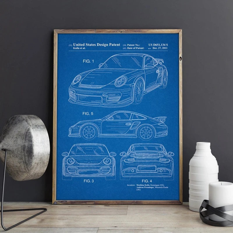 Car Patent for Porsches Artwork Prints Sports Car Canvas Wall Art Poster Room Decor Blueprint Art Painting Picture Gift idea