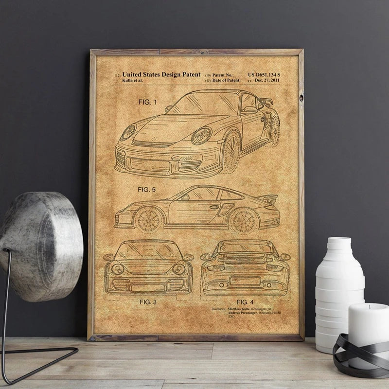 Car Patent for Porsches Artwork Prints Sports Car Canvas Wall Art Poster Room Decor Blueprint Art Painting Picture Gift idea