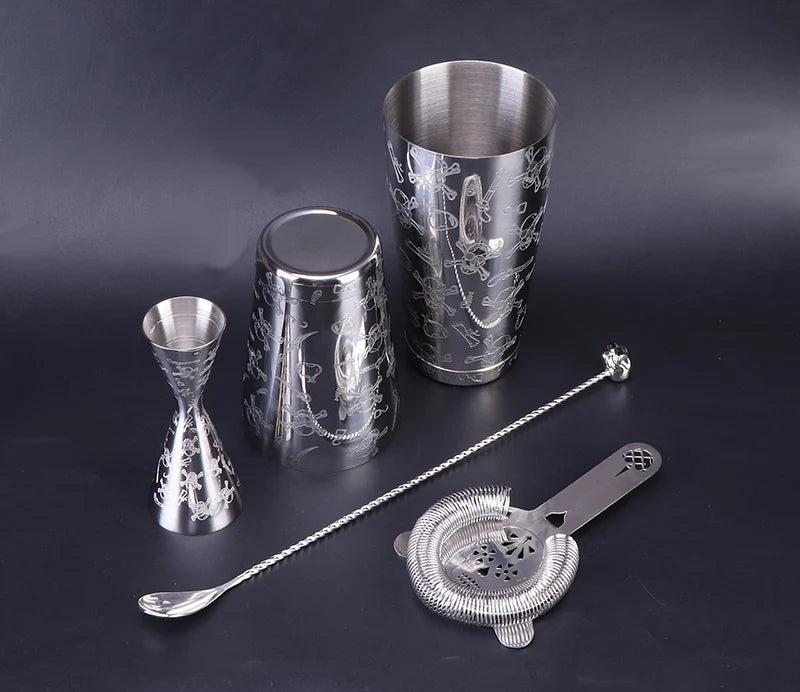 Skull Cocktail Shaker Bartender Tool Bar Set:Skull Weighted Boston Shakers, Skull Strainer,Jigger,Mixing Spoon