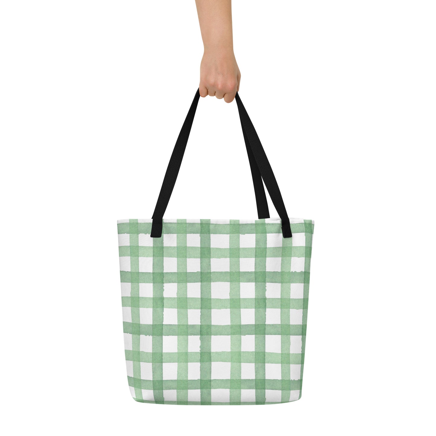 Green Plaid All-Over Print Large Tote Bag