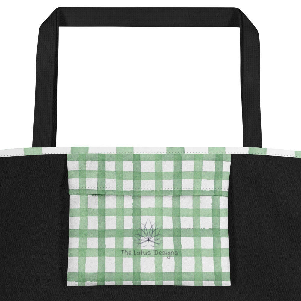 Green Plaid All-Over Print Large Tote Bag